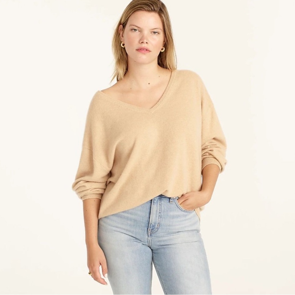 J. Crew 100% Cashmere Relaxed V-Neck Sweater Almond